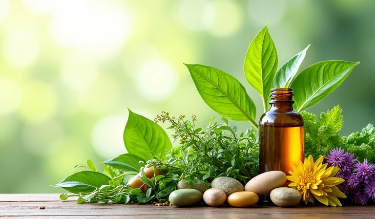 Piante medicinali e integratori naturali, simboli di salute.