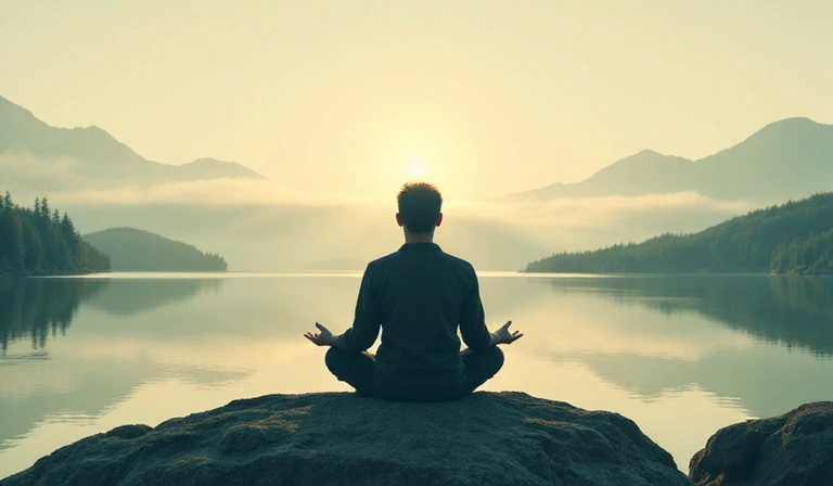 Uomo che pratica meditazione in ambiente naturale, simbolo di equilibrio mentale.
