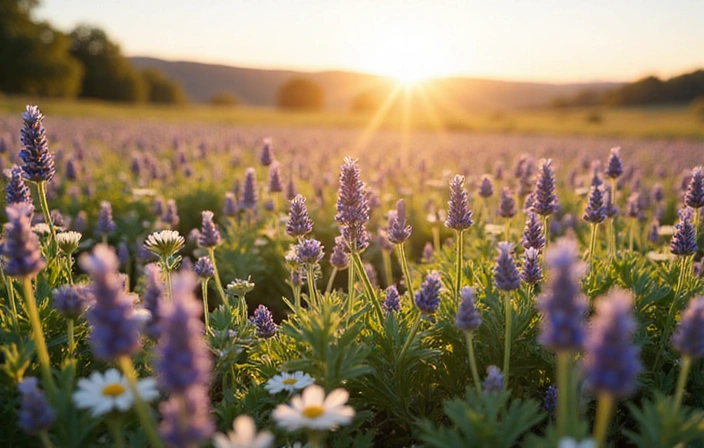 Campo di erbe medicinali sotto il sole, simbolo di ingredienti naturali e sostenibili.