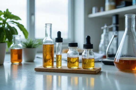 Laboratorio con estratti naturali in provette, simbolo di ricerca e qualità.