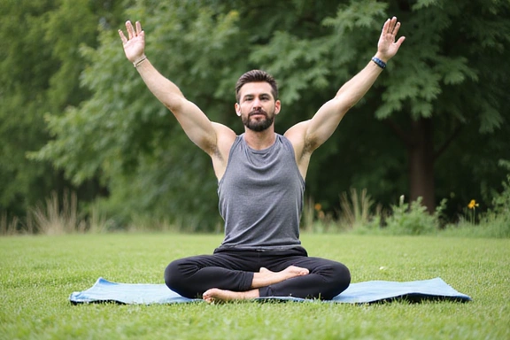 Uomo che pratica yoga all'aperto, simbolo di benessere e connessione con la natura.