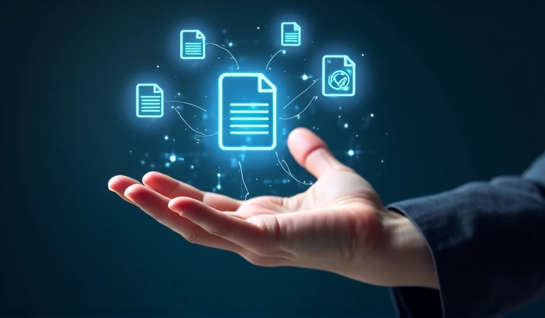 A person interacting with digital rights symbols like a checkmark, delete icon, and transfer arrow