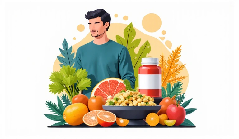 Immagine astratta moderna che rappresenta una dieta equilibrata e integratori alimentari per la salute maschile, senza testo